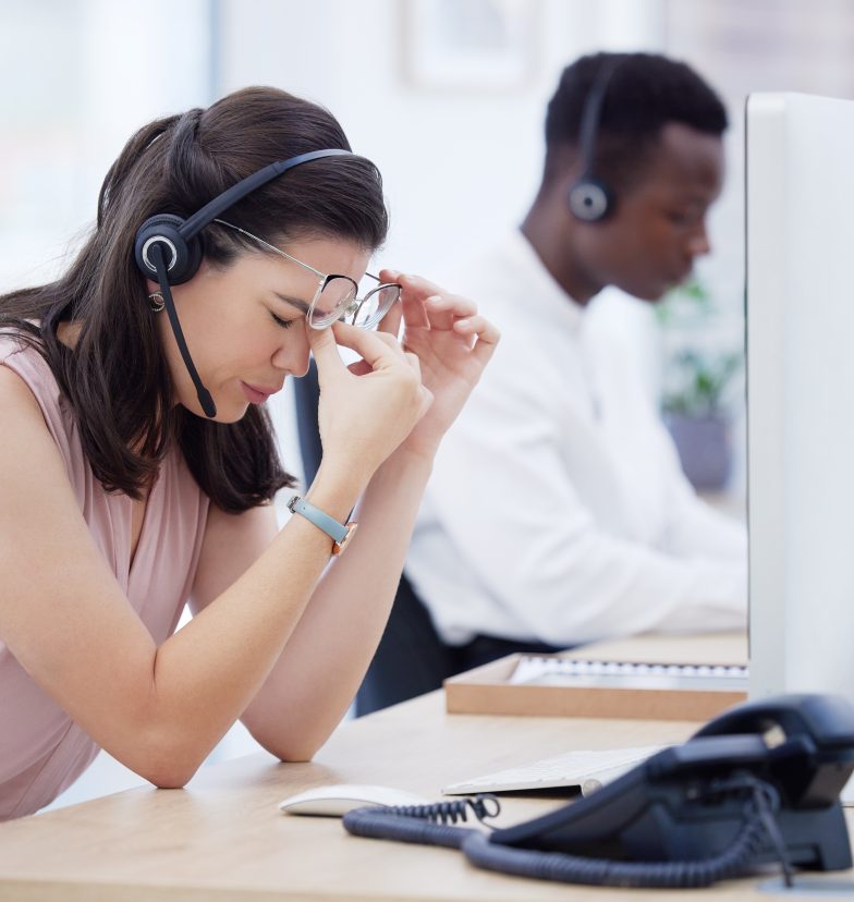 Stress, headache and call center woman with burnout from working at a telemarketing company. Contac.